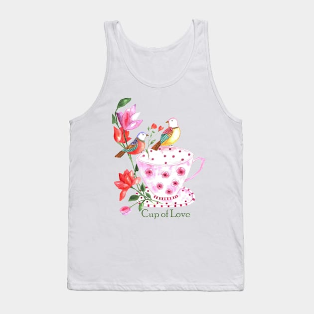 Cup of love, red and yellow birds on a pink floral cup Tank Top by LatiendadeAryam